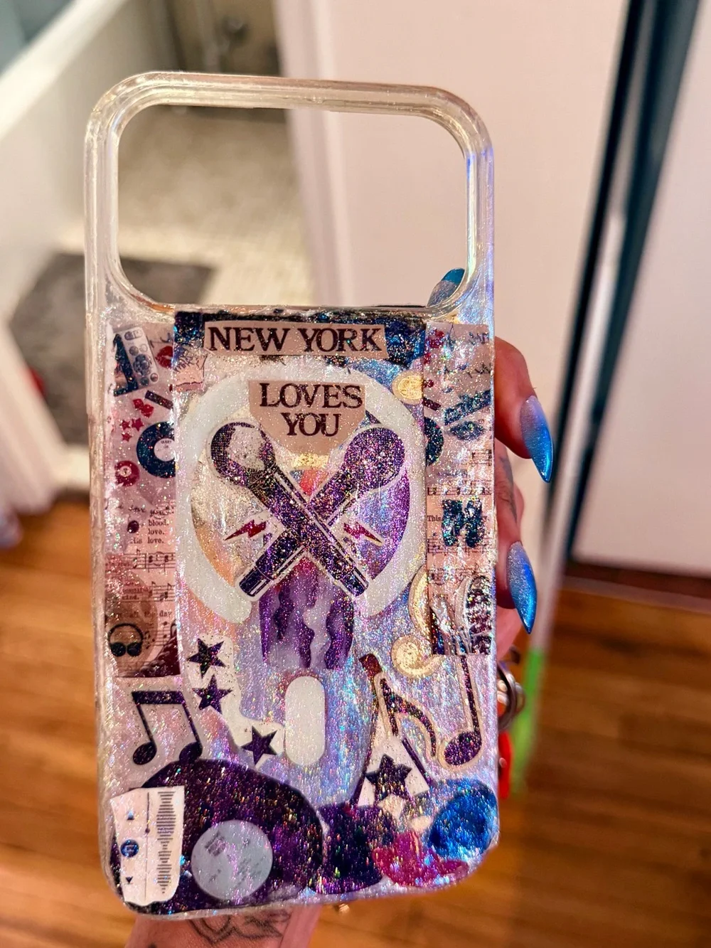 Iridescent Glitter Music & 'New York Loves You' Handmade IPhone 17 pro max case